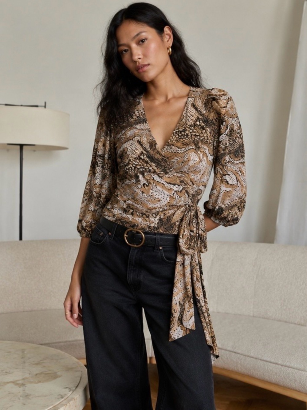 NWT RARE Ganni Puff Sleeve Mesh Wrap Top 3426 in “Tiger’s Eye” Print Size 4